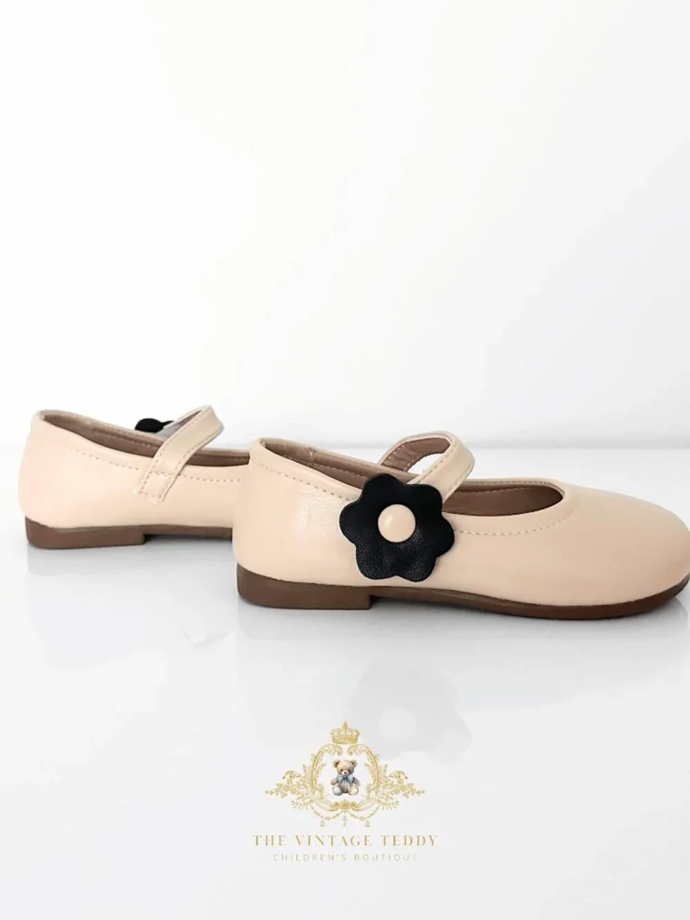 NWT Cute Children's Mary Jane Flats for Girls Kids Shoes Flower Cream Black 12.5